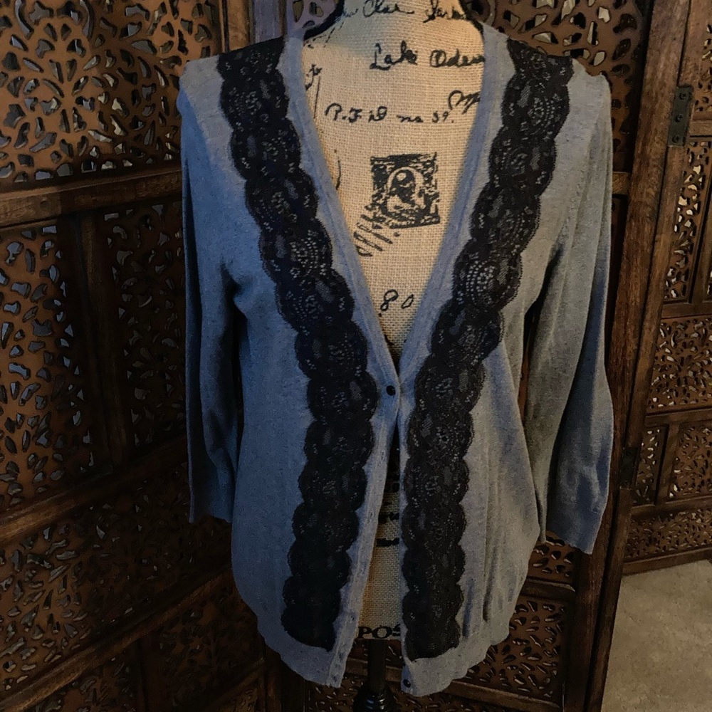 Beautiful gray cardigan with black lace detailing